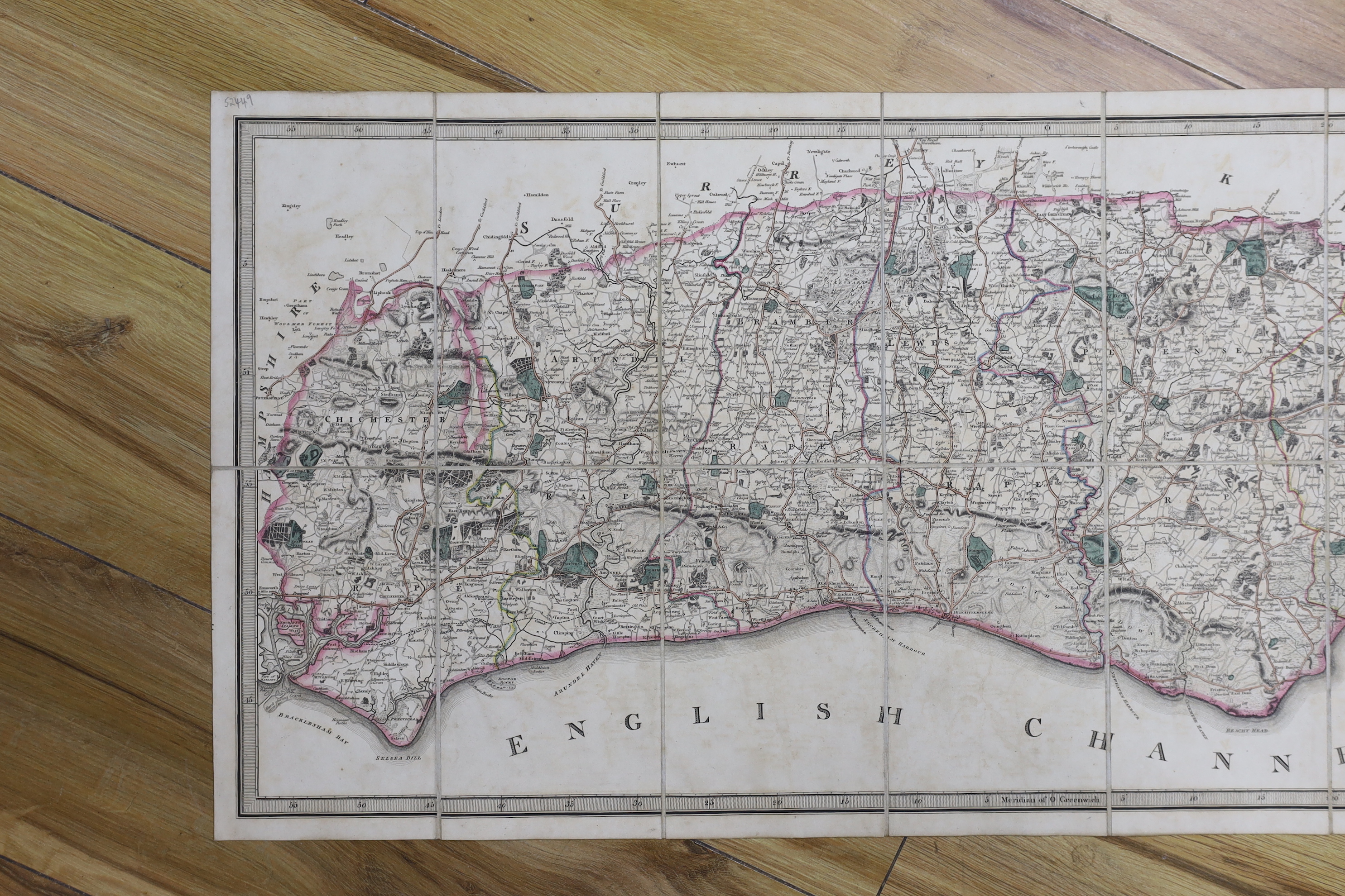 Sussex map, a reduced version of the survey by Thomas Gream, sold by William Faden, dated 1819, folding map in slip case, 39 x 81cm